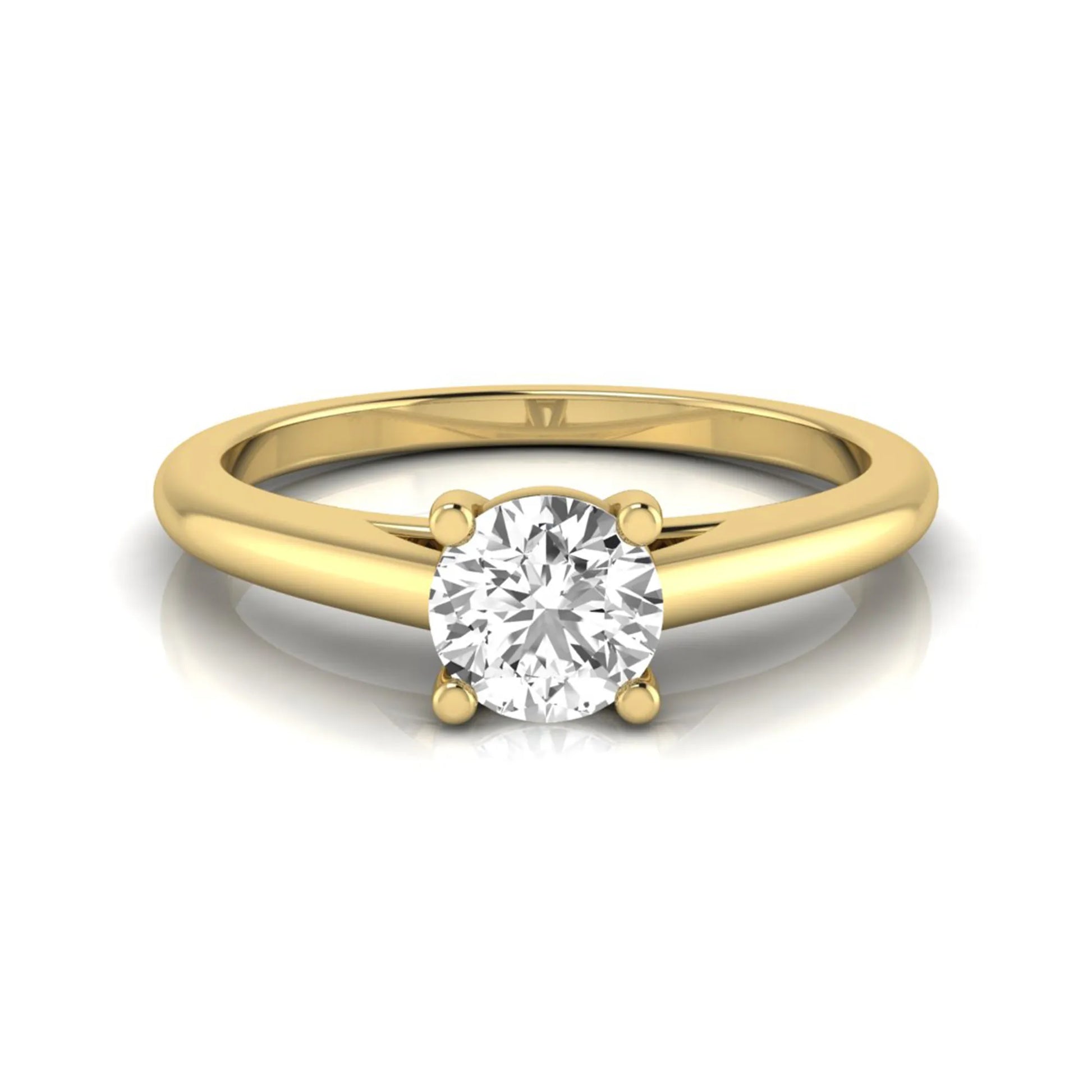 Round cut lab grown diamond solitaire engagement ring featuring a classic four-prong setting with a yellow gold tone band.