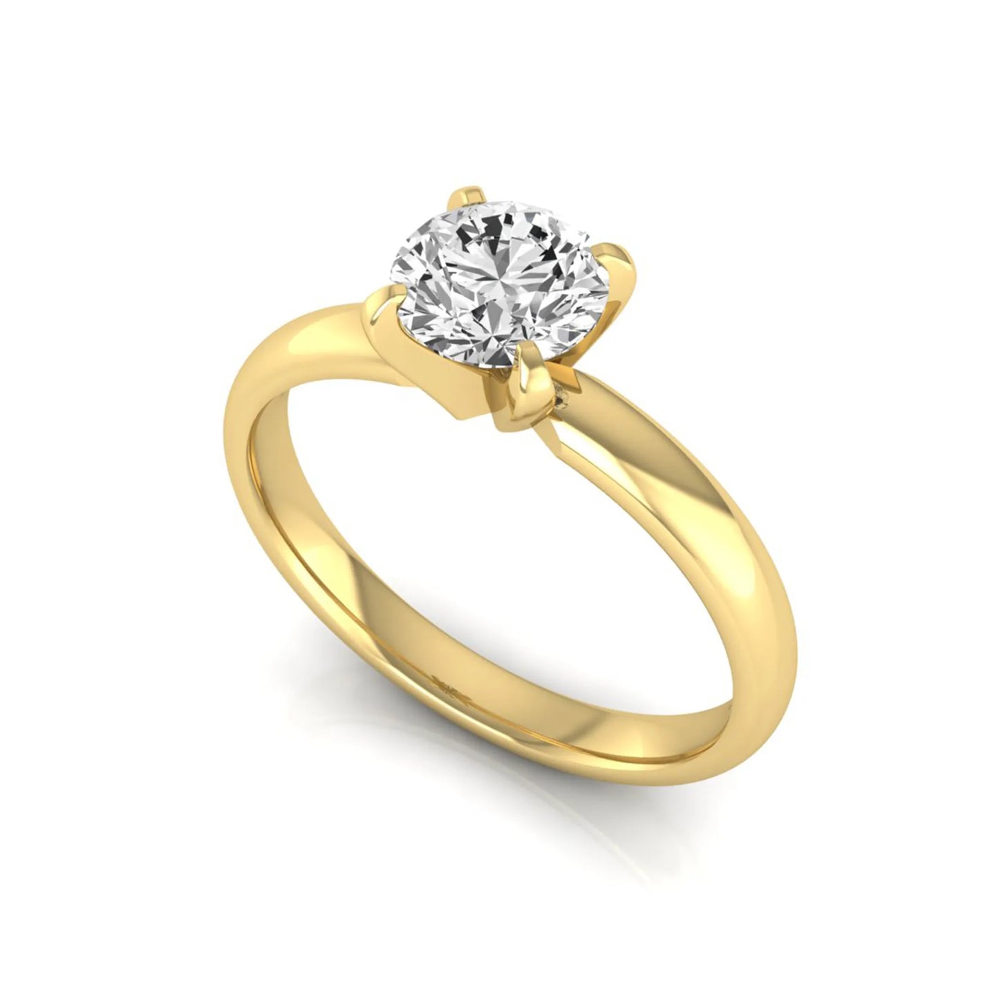 Round four prong lab grown diamond solitaire engagement ring featuring a 0.62 carat round center diamond in a classic four-prong setting in yellow gold