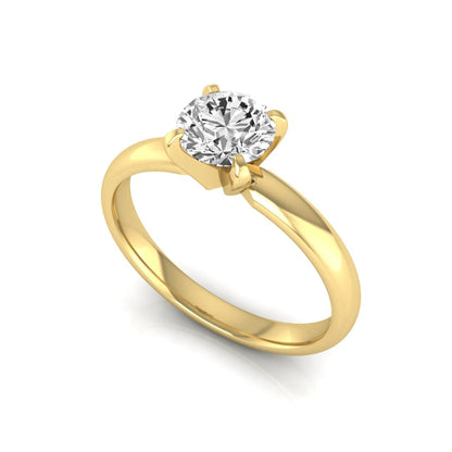 Round four prong lab grown diamond solitaire engagement ring featuring a 0.62 carat round center diamond in a classic four-prong setting in yellow gold