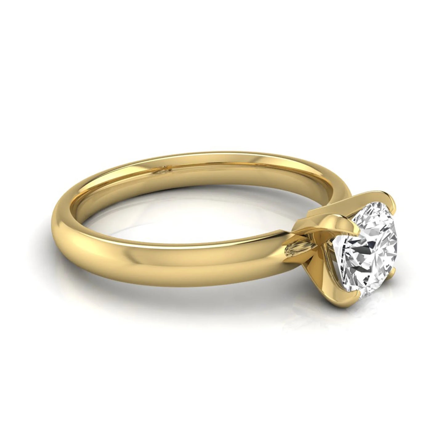 Round four prong lab grown diamond solitaire engagement ring featuring a 0.62 carat round center diamond in a classic four-prong setting in yellow gold