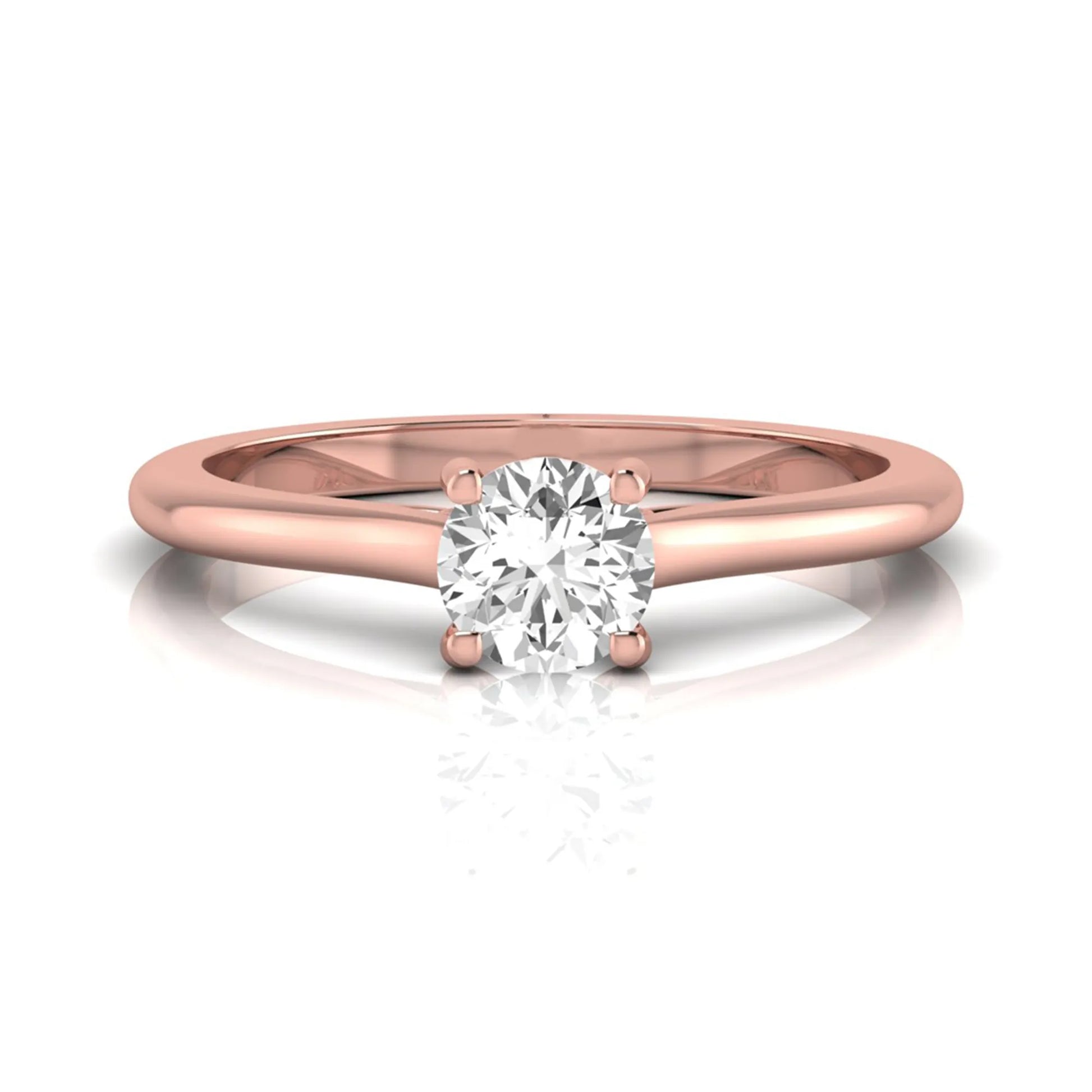 Round four prong lab grown diamond solitaire engagement ring featuring a 0.60 carat round cut center diamond in a classic rose gold design.