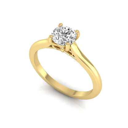 Round four prong lab grown diamond solitaire engagement ring featuring a 0.60 carat round cut center diamond in a classic yellow gold design.
