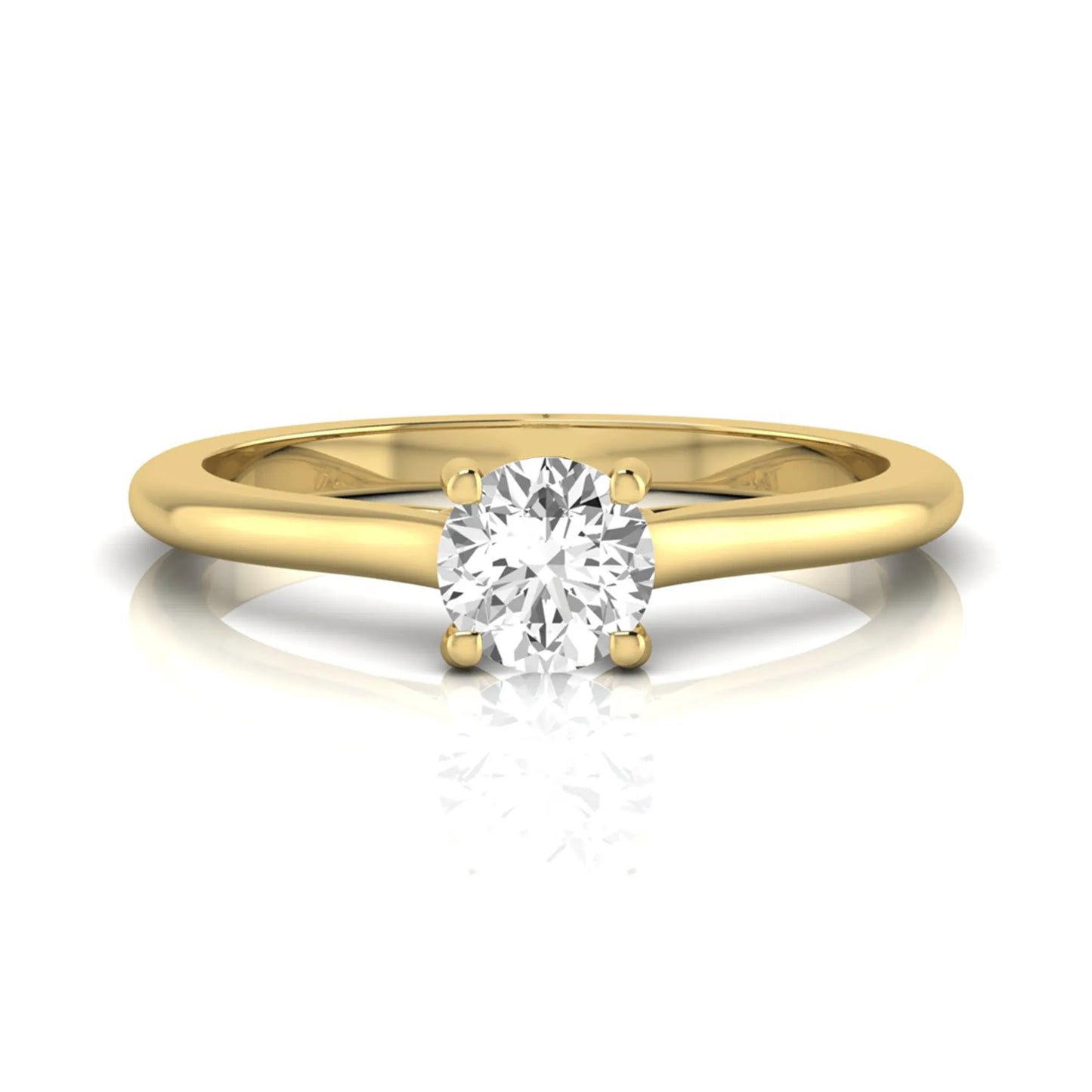 Round four prong lab grown diamond solitaire engagement ring featuring a 0.60 carat round cut center diamond in a classic yellow gold design.