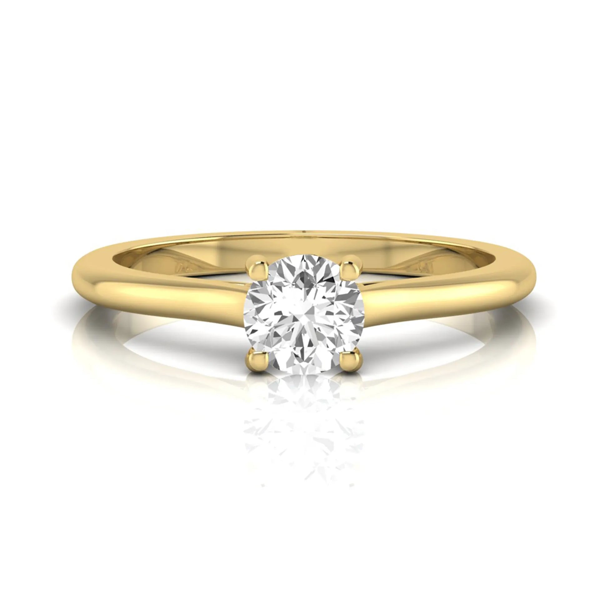 Round four prong lab grown diamond solitaire engagement ring featuring a 0.60 carat round cut center diamond in a classic yellow gold design.