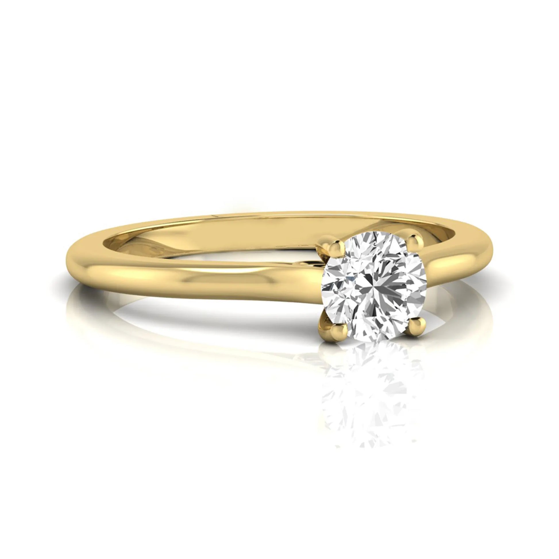 Round four prong lab grown diamond solitaire engagement ring featuring a 0.60 carat round cut center diamond in a classic yellow gold design.