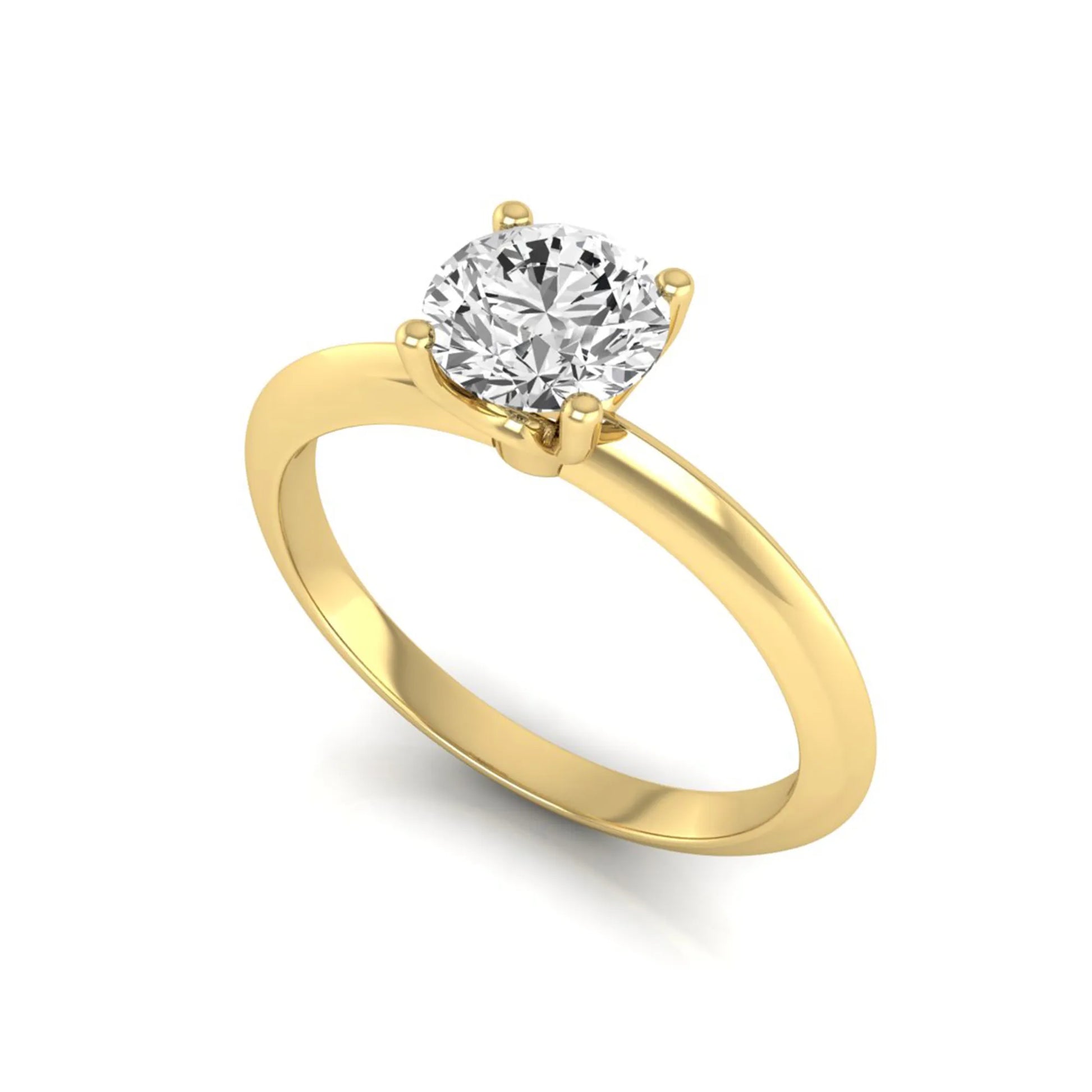 Round four prong lab grown diamond solitaire engagement ring featuring a 0.80 carat round cut center diamond in a classic yellow gold design.