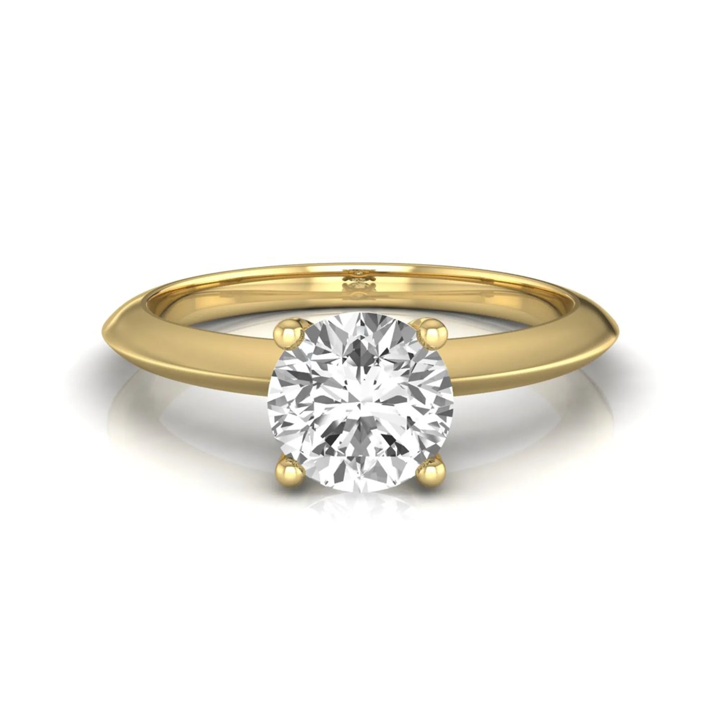 Round four prong lab grown diamond solitaire engagement ring featuring a 0.80 carat round cut center diamond in a classic yellow gold design.