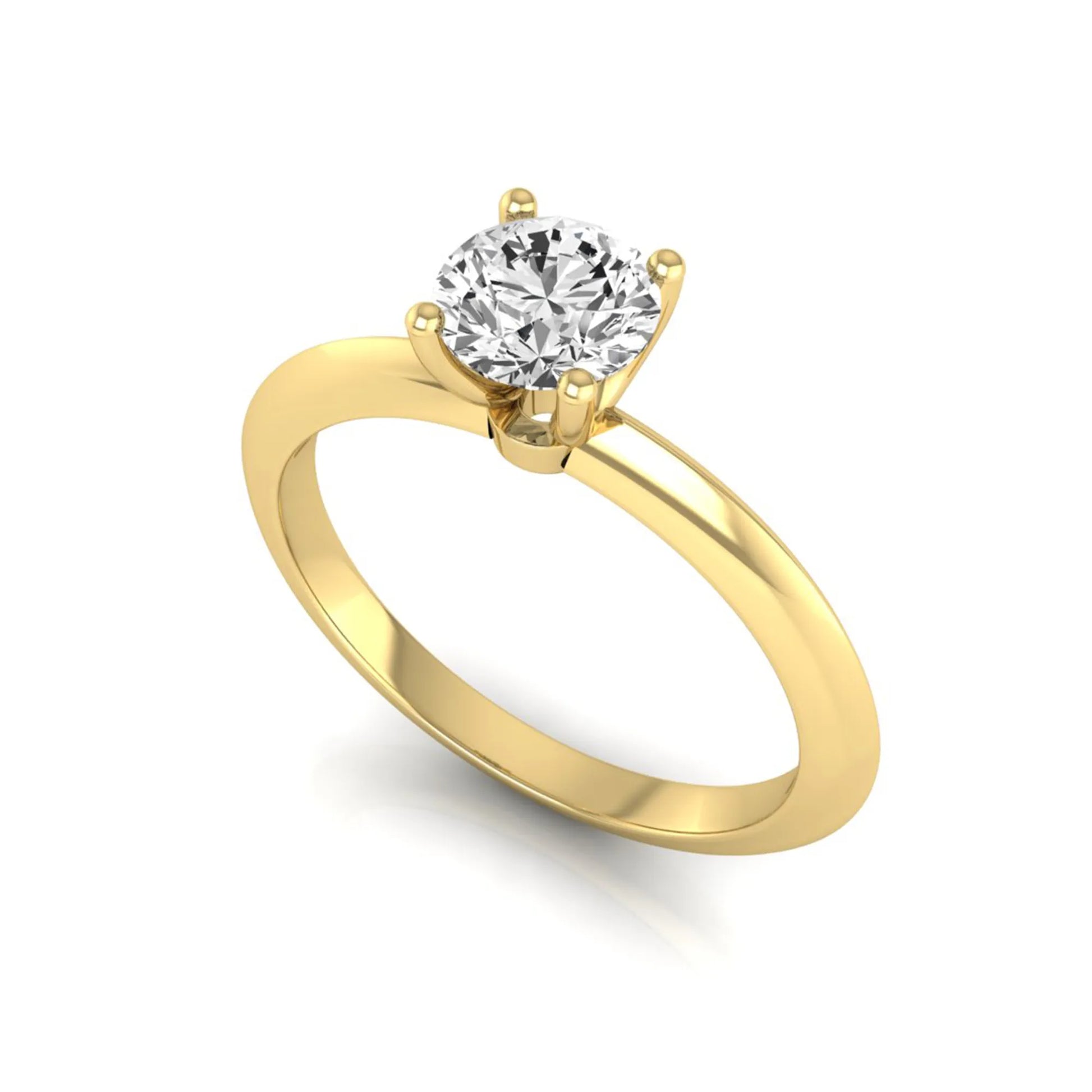 Round four prong lab grown diamond solitaire engagement ring featuring a 0.55 carat round cut center diamond in a classic yellow gold design.