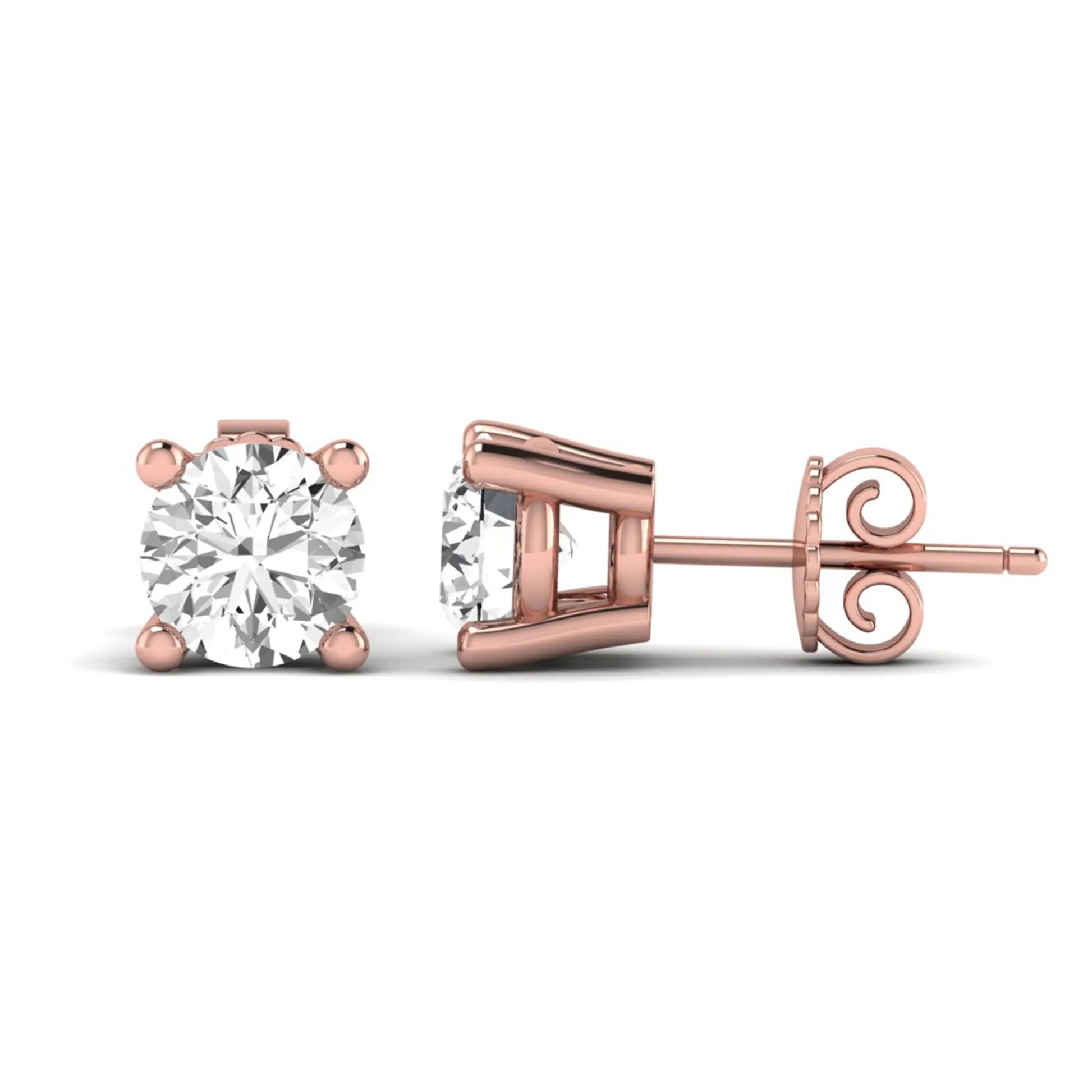 Round cut lab grown diamond stud earrings featuring a classic four-prong setting with rose gold tone design and secure push back closure.