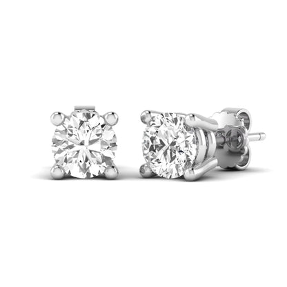 Round cut lab grown diamond stud earrings featuring a classic four-prong setting with white gold tone design and secure push back closure.