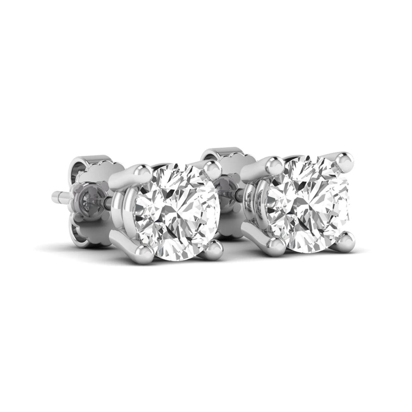 Round cut lab grown diamond stud earrings featuring a classic four-prong setting with white gold tone design and secure push back closure.