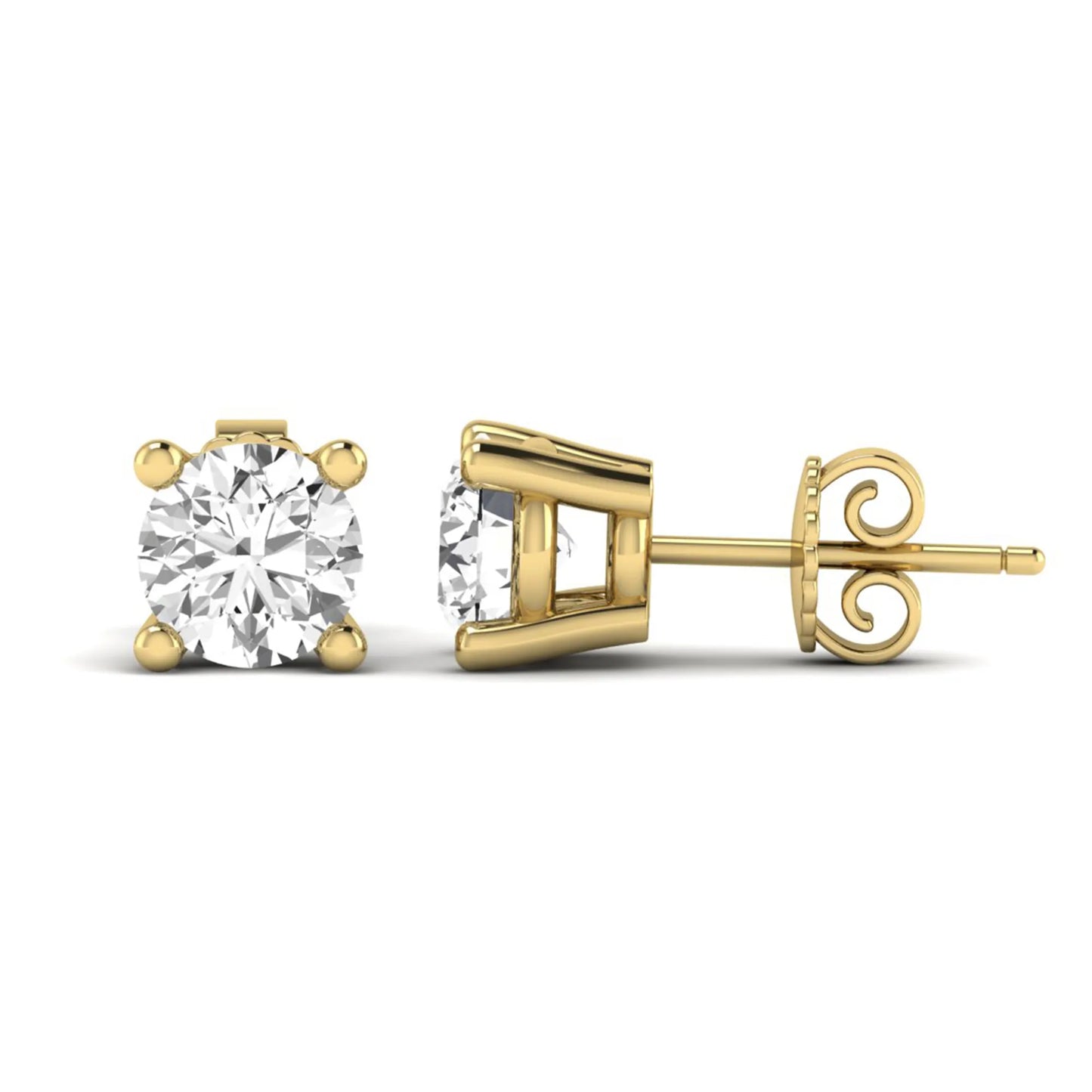 Round cut lab grown diamond stud earrings featuring a classic four-prong setting with yellow gold tone design and secure push back closure.