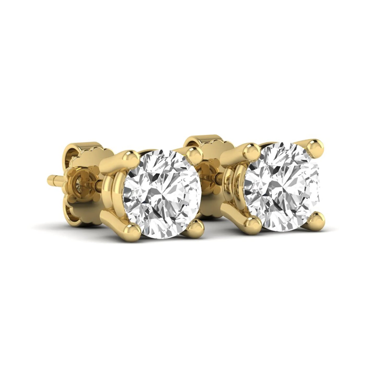 Round cut lab grown diamond stud earrings featuring a classic four-prong setting with yellow gold tone design and secure push back closure.