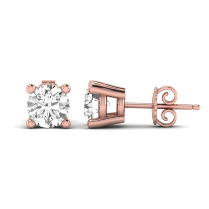 Round cut lab grown diamond stud earrings featuring a classic four-prong setting with rose gold tone design and secure push back closure.