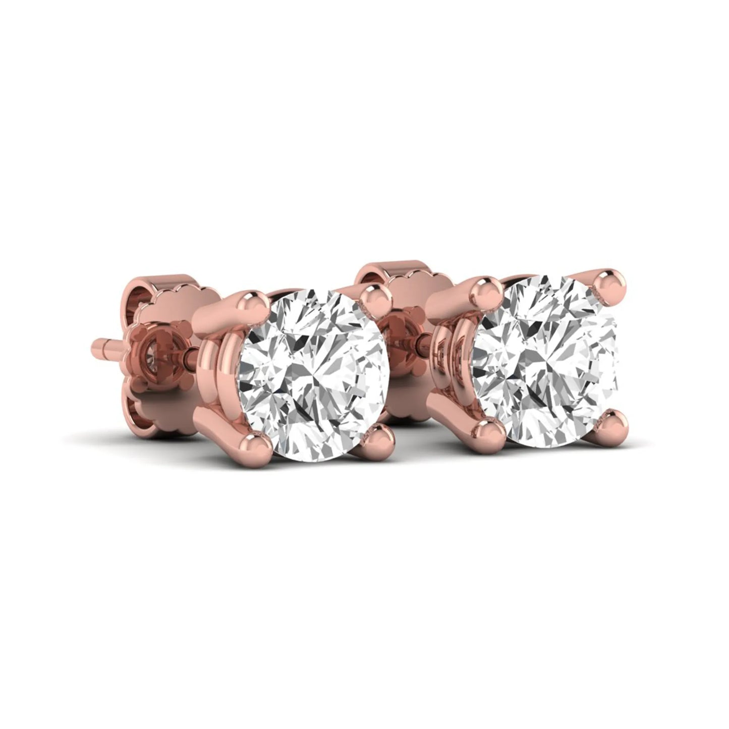 Round cut lab grown diamond stud earrings featuring a classic four-prong setting with rose gold tone design and secure push back closure.