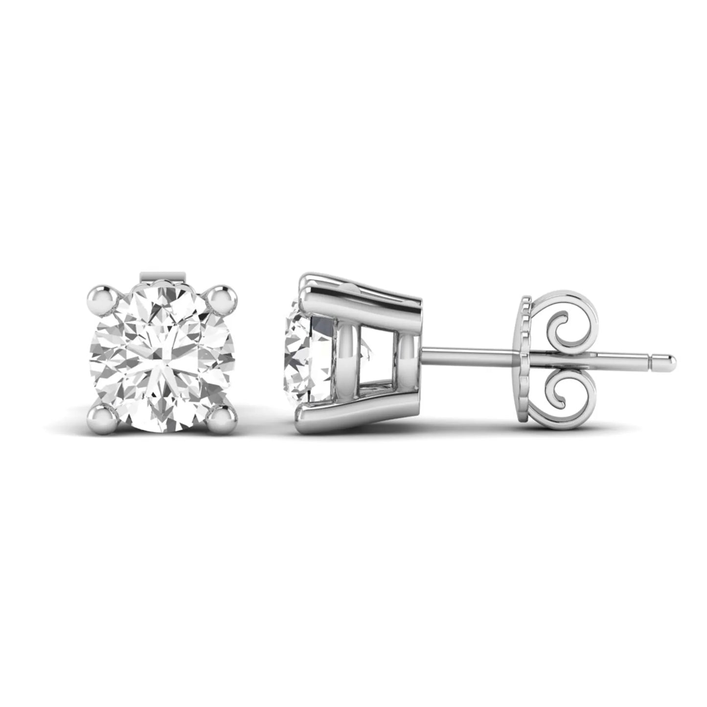 Round cut lab grown diamond stud earrings featuring a classic four-prong setting with white gold tone design and secure push back closure.