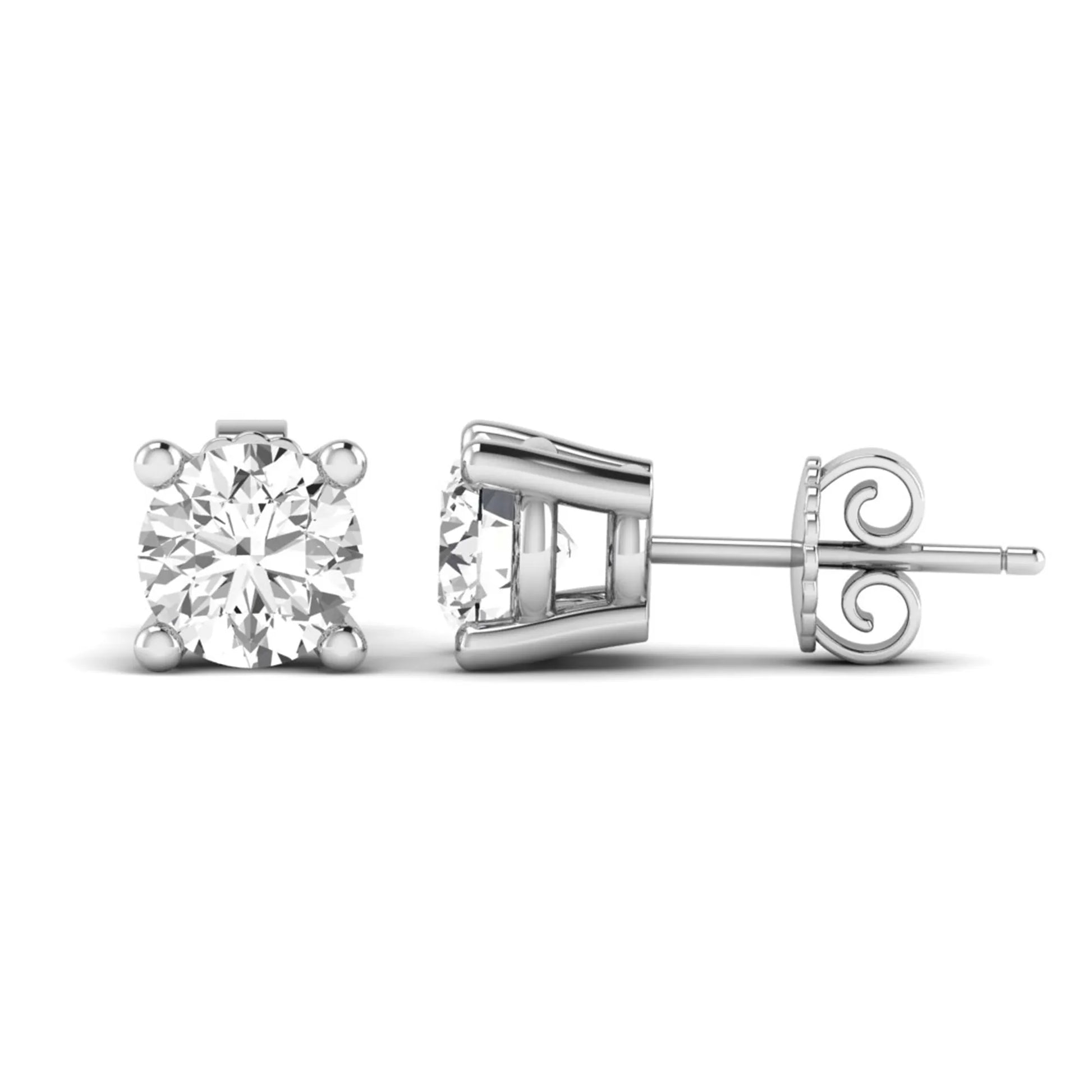 Round cut lab grown diamond stud earrings featuring a classic four-prong setting with white gold tone design and secure push back closure.