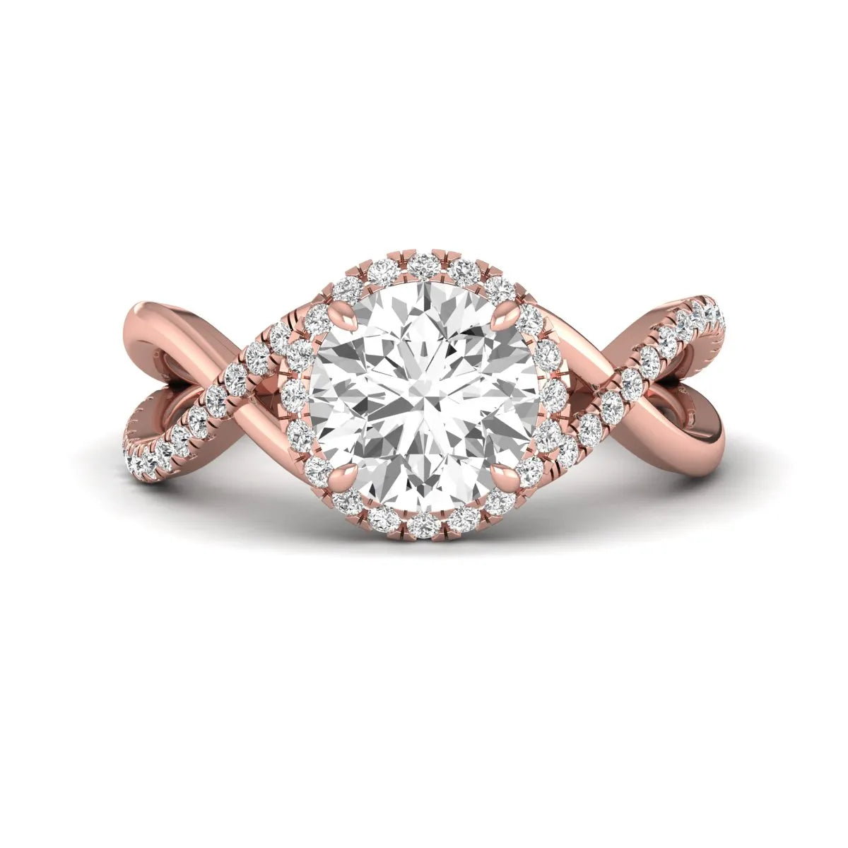 Round cut lab grown diamond halo engagement ring featuring a bypass split shank with pavé round diamonds in a rose gold tone design.