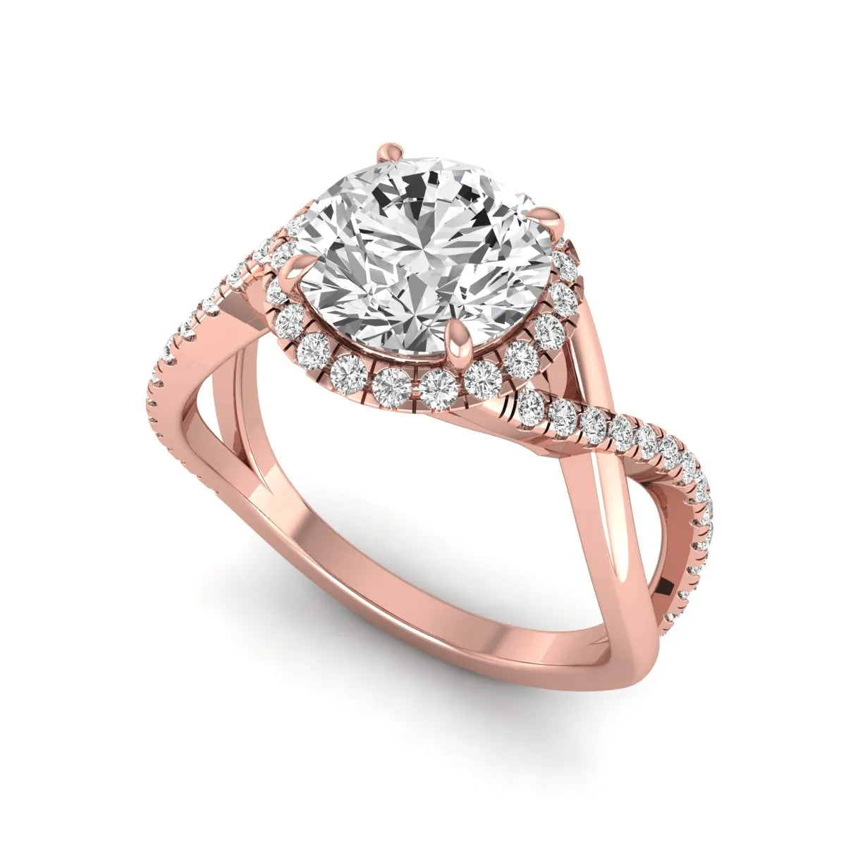 Round cut lab grown diamond halo engagement ring featuring a bypass split shank with pavé round diamonds in a rose gold tone design.