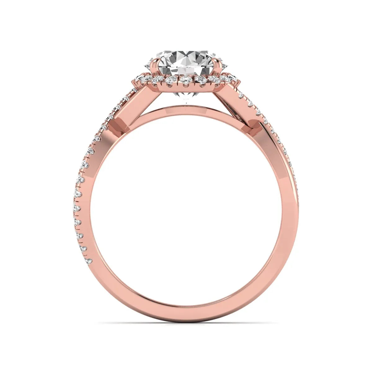 Round cut lab grown diamond halo engagement ring featuring a bypass split shank with pavé round diamonds in a rose gold tone design.