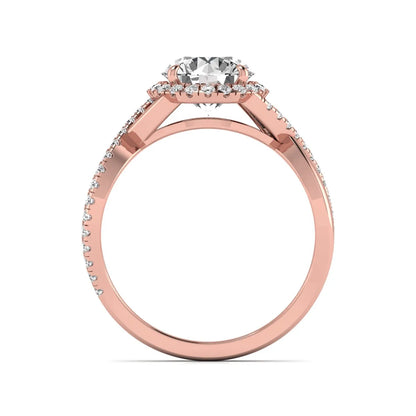 Round cut lab grown diamond halo engagement ring featuring a bypass split shank with pavé round diamonds in a rose gold tone design.