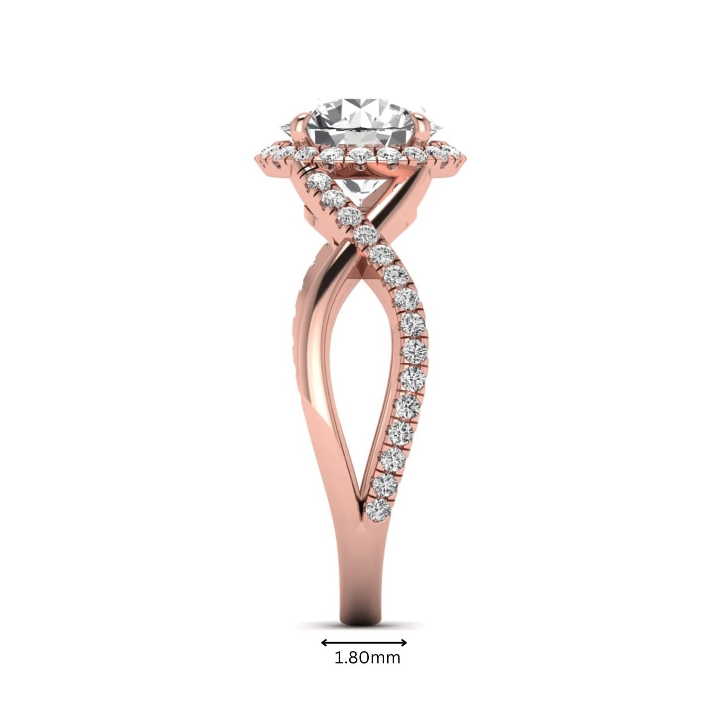 Round cut lab grown diamond halo engagement ring featuring a bypass split shank with pavé round diamonds in a rose gold tone design.