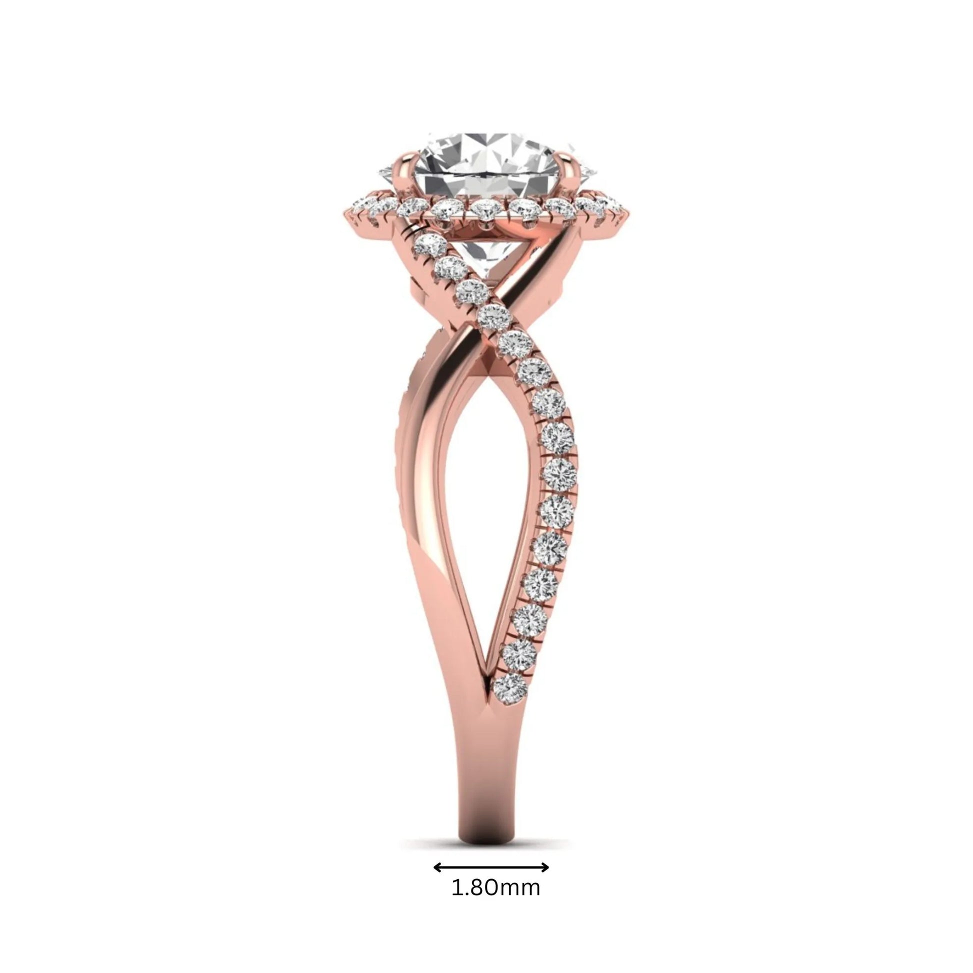 Round cut lab grown diamond halo engagement ring featuring a bypass split shank with pavé round diamonds in a rose gold tone design.