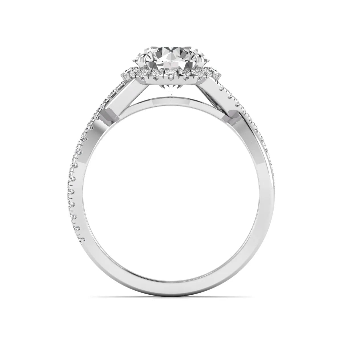 Round cut lab grown diamond halo engagement ring featuring a bypass split shank with pavé round diamonds in a white gold tone design.