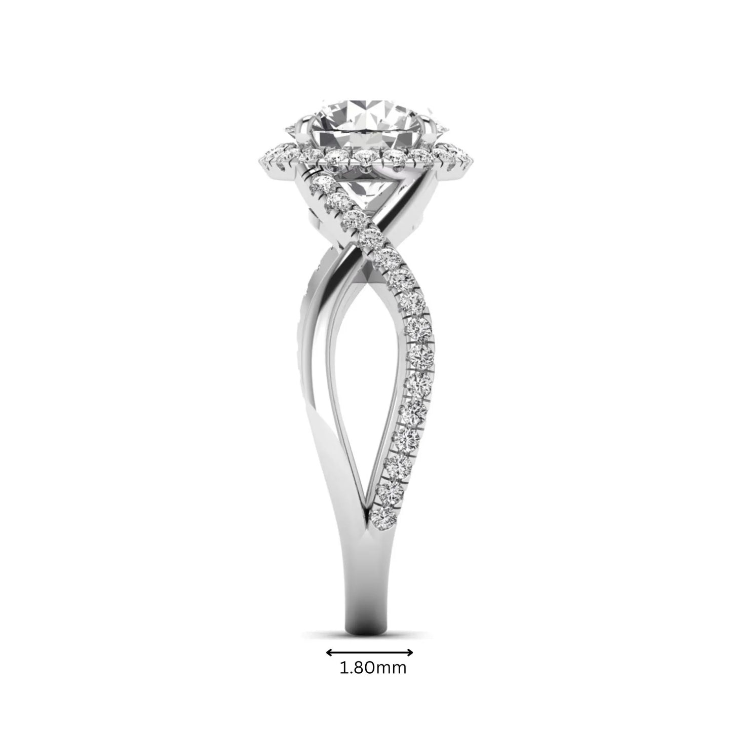 Round cut lab grown diamond halo engagement ring featuring a bypass split shank with pavé round diamonds in a white gold tone design.