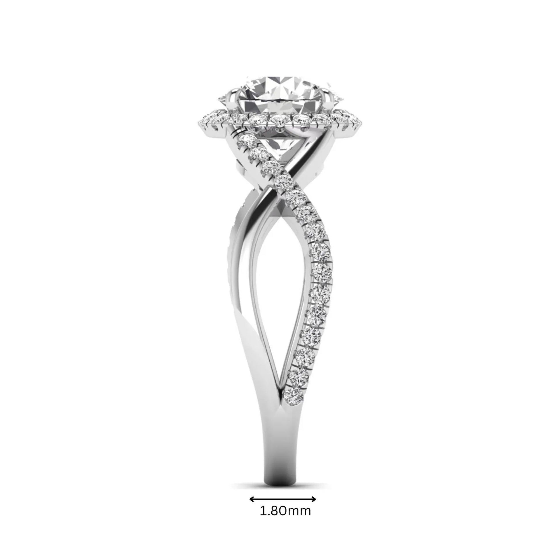 Round cut lab grown diamond halo engagement ring featuring a bypass split shank with pavé round diamonds in a white gold tone design.