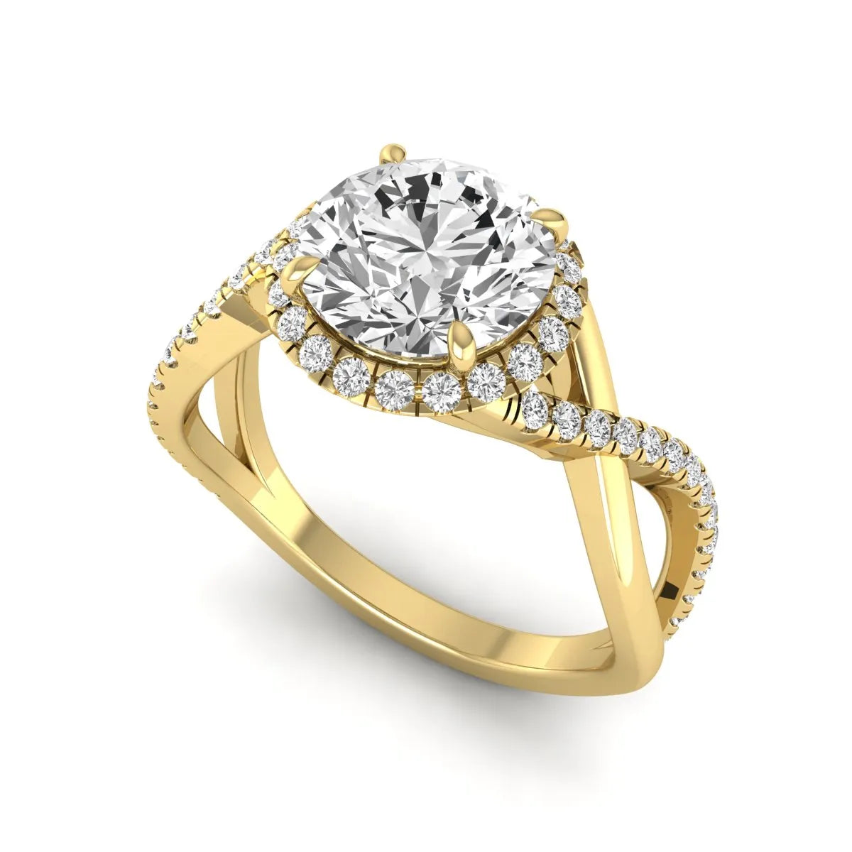 Round cut lab grown diamond halo engagement ring featuring a bypass split shank with pavé round diamonds in a yellow gold tone design.