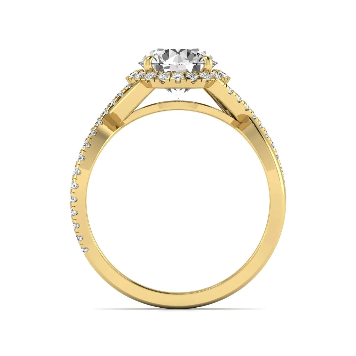 Round cut lab grown diamond halo engagement ring featuring a bypass split shank with pavé round diamonds in a yellow gold tone design.