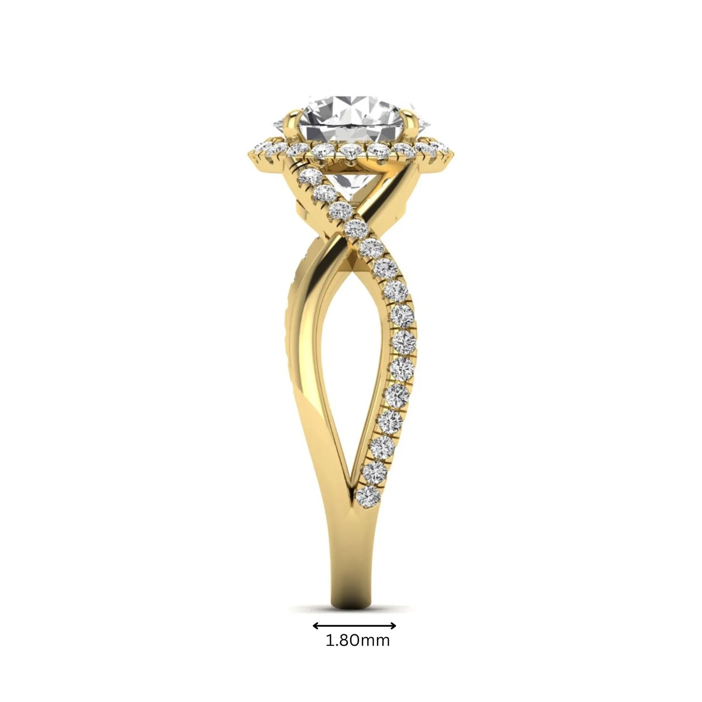 Round cut lab grown diamond halo engagement ring featuring a bypass split shank with pavé round diamonds in a yellow gold tone design.