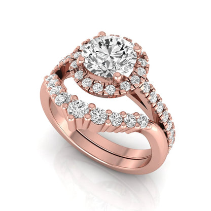 Round cut lab grown diamond halo bridal ring set featuring a pavé engagement ring with matching curved diamond wedding band in rose gold finish.