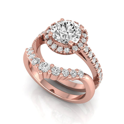 Round cut lab grown diamond halo bridal ring set featuring a pavé engagement ring with matching curved diamond wedding band in rose gold finish.