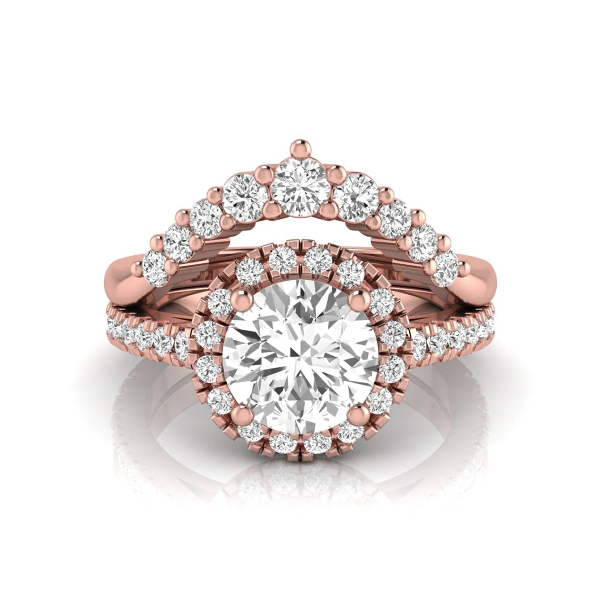 Round cut lab grown diamond halo bridal ring set featuring a pavé engagement ring with matching curved diamond wedding band in rose gold finish.