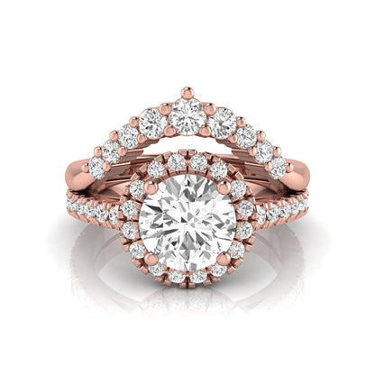Round cut lab grown diamond halo bridal ring set featuring a pavé engagement ring with matching curved diamond wedding band in rose gold finish.