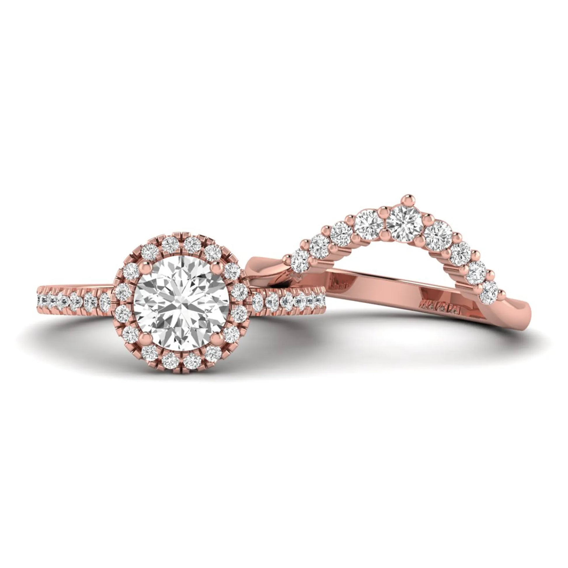 Round cut lab grown diamond halo bridal ring set featuring a pavé engagement ring with matching curved diamond wedding band in rose gold finish.