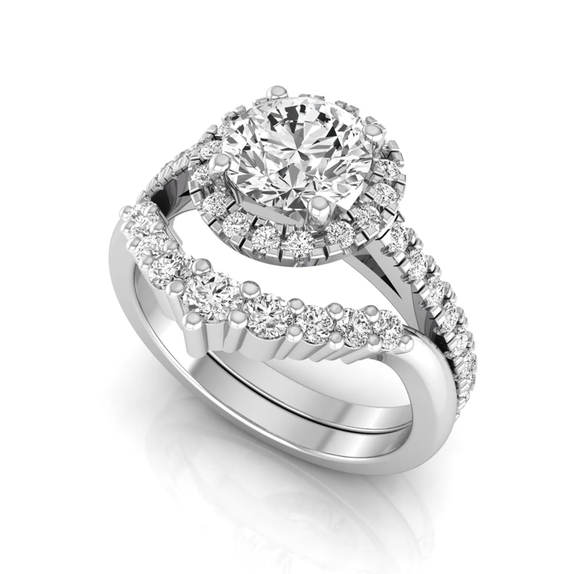 Round cut lab grown diamond halo bridal ring set featuring a pavé engagement ring with matching curved diamond wedding band in white gold finish.