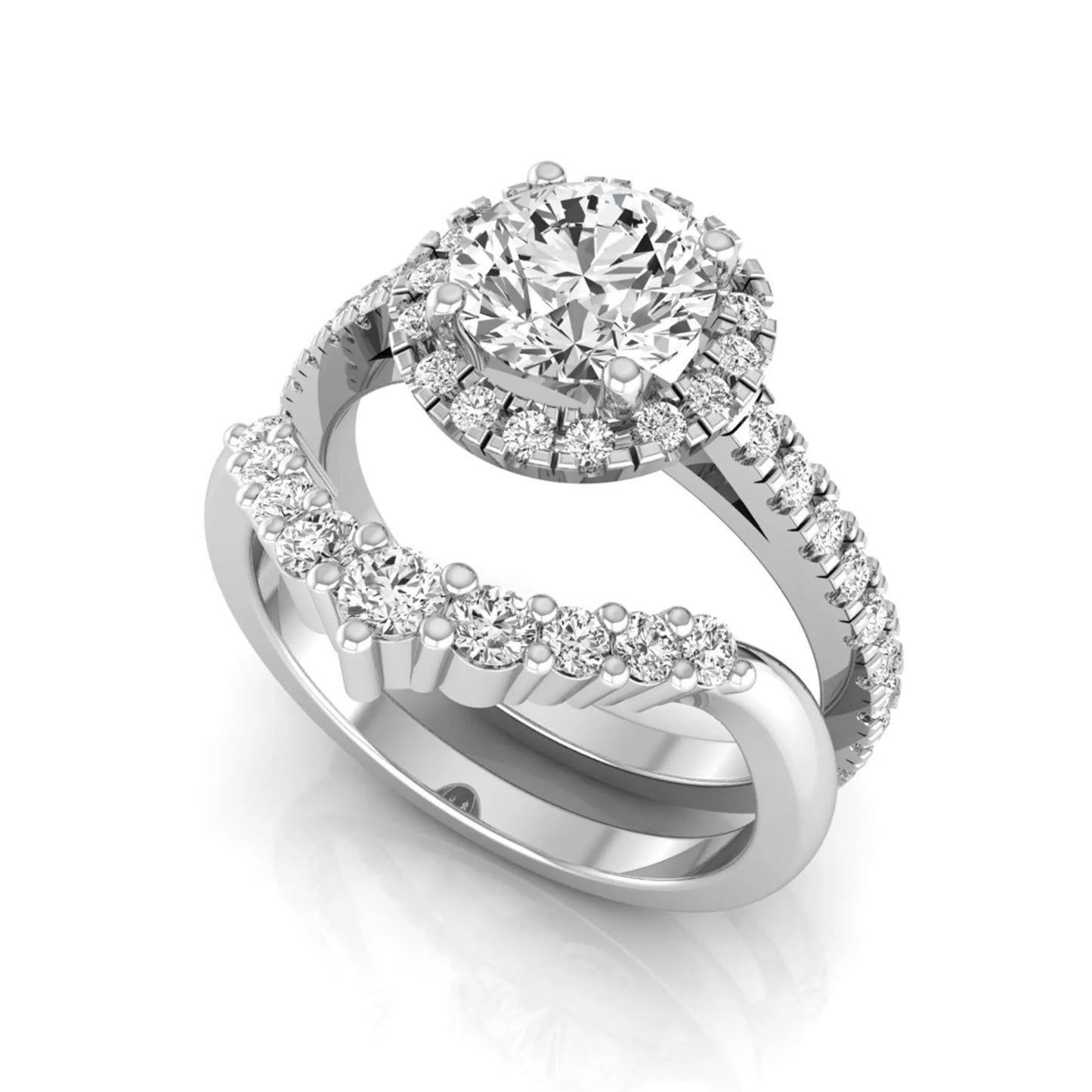 Round cut lab grown diamond halo bridal ring set featuring a pavé engagement ring with matching curved diamond wedding band in white gold finish.
