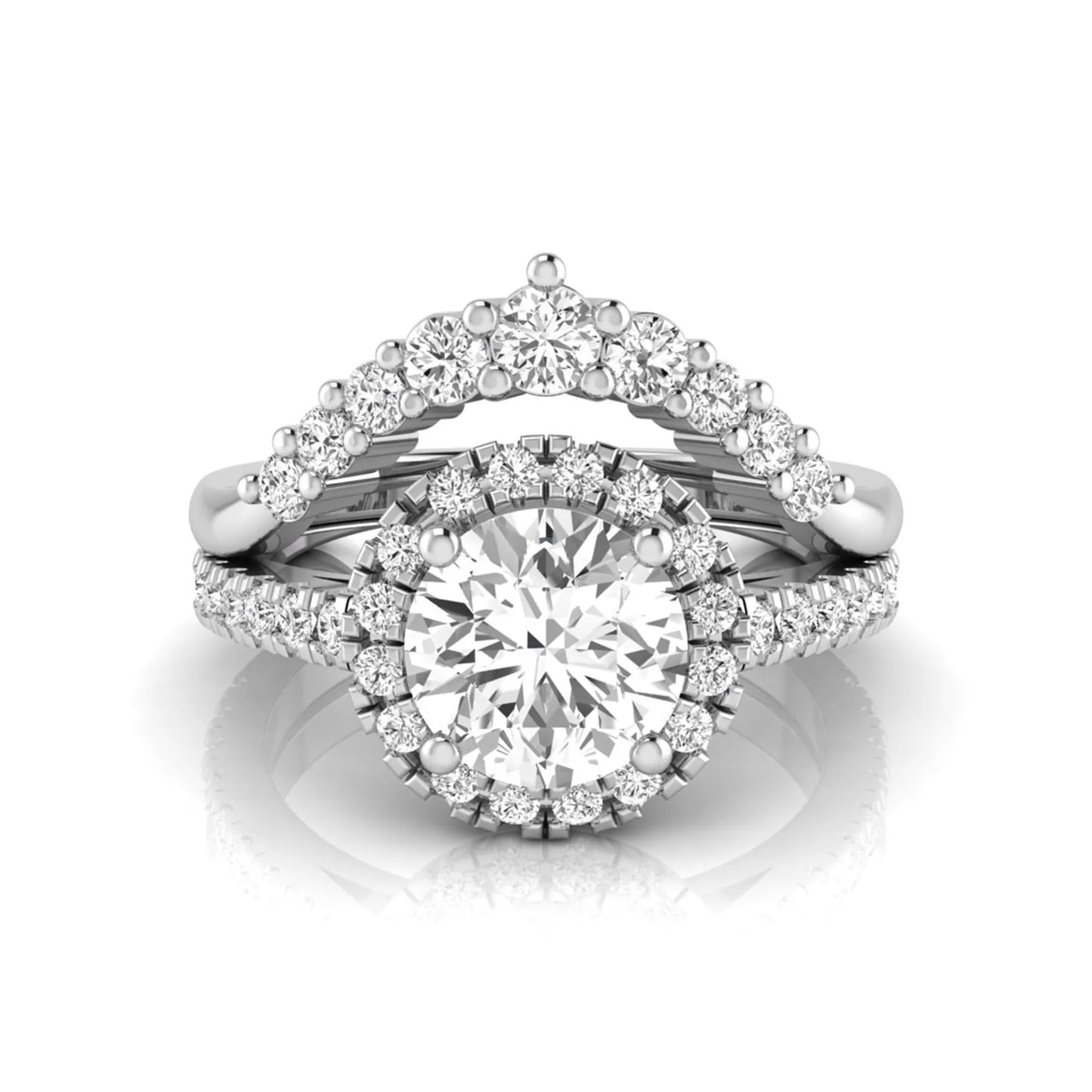 Round cut lab grown diamond halo bridal ring set featuring a pavé engagement ring with matching curved diamond wedding band in white gold finish.