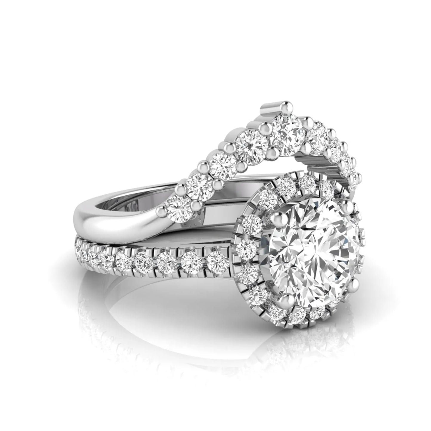 Round cut lab grown diamond halo bridal ring set featuring a pavé engagement ring with matching curved diamond wedding band in white gold finish.