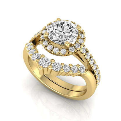 Round cut lab grown diamond halo bridal ring set featuring a pavé engagement ring with matching curved diamond wedding band in yellow gold finish.