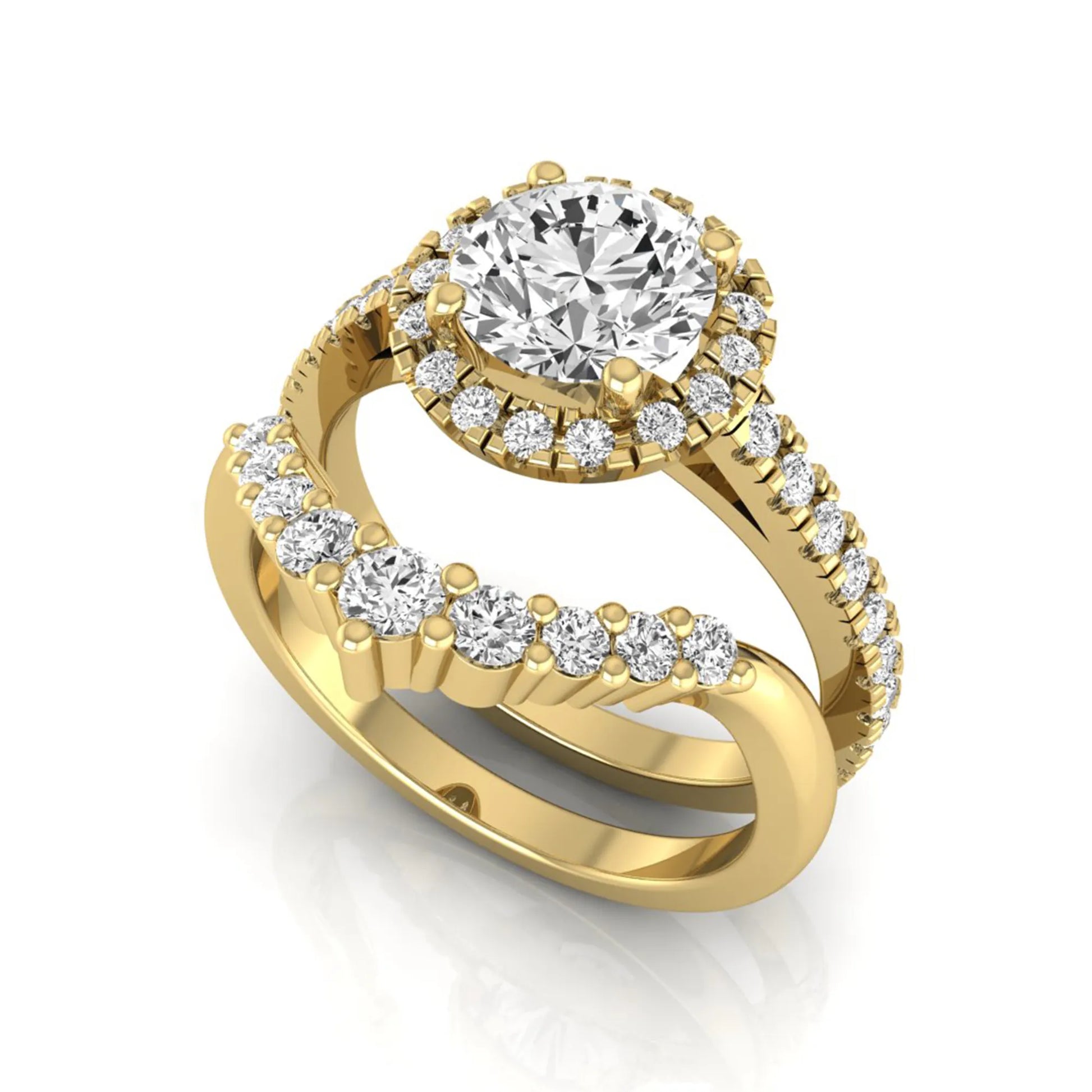 Round cut lab grown diamond halo bridal ring set featuring a pavé engagement ring with matching curved diamond wedding band in yellow gold finish.