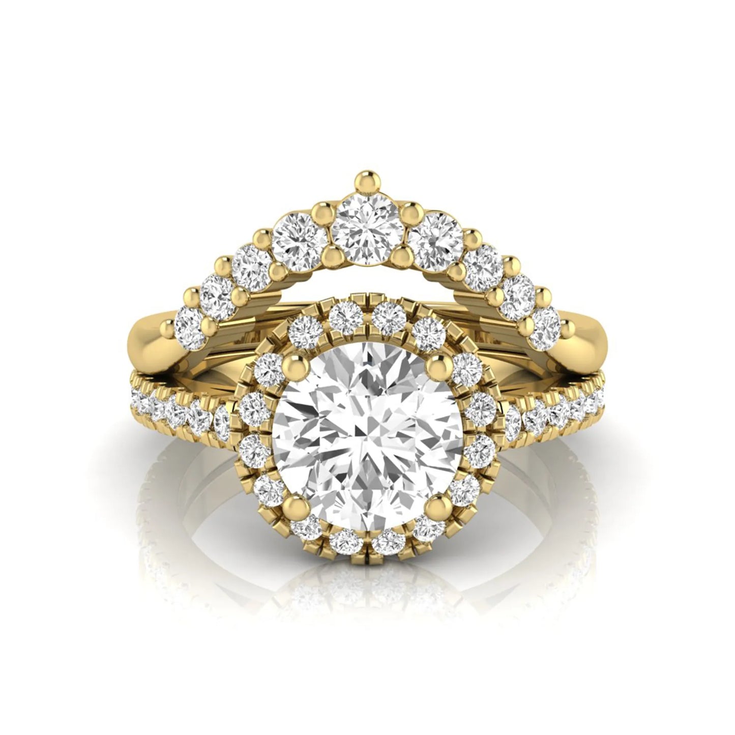 Round cut lab grown diamond halo bridal ring set featuring a pavé engagement ring with matching curved diamond wedding band in yellow gold finish.