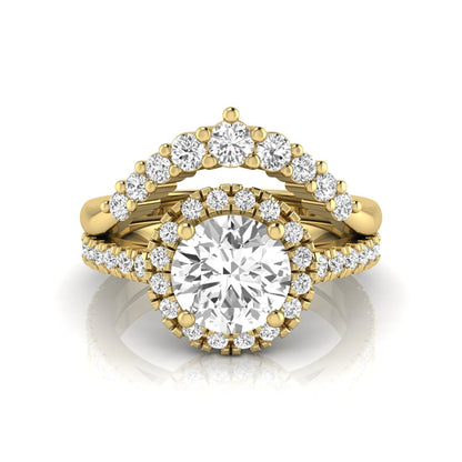 Round cut lab grown diamond halo bridal ring set featuring a pavé engagement ring with matching curved diamond wedding band in yellow gold finish.