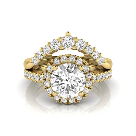 Round cut lab grown diamond halo bridal ring set featuring a pavé engagement ring with matching curved diamond wedding band in yellow gold finish.
