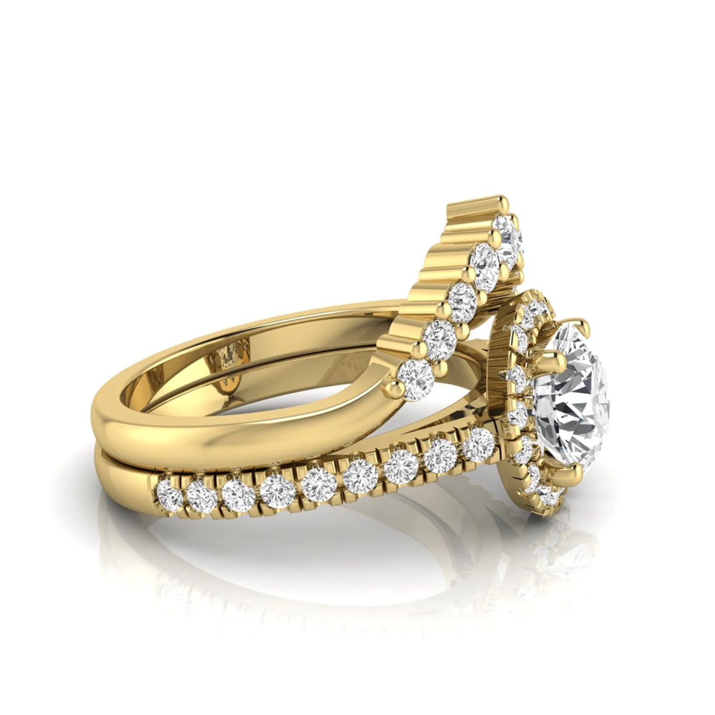 Round cut lab grown diamond halo bridal ring set featuring a pavé engagement ring with matching curved diamond wedding band in yellow gold finish.