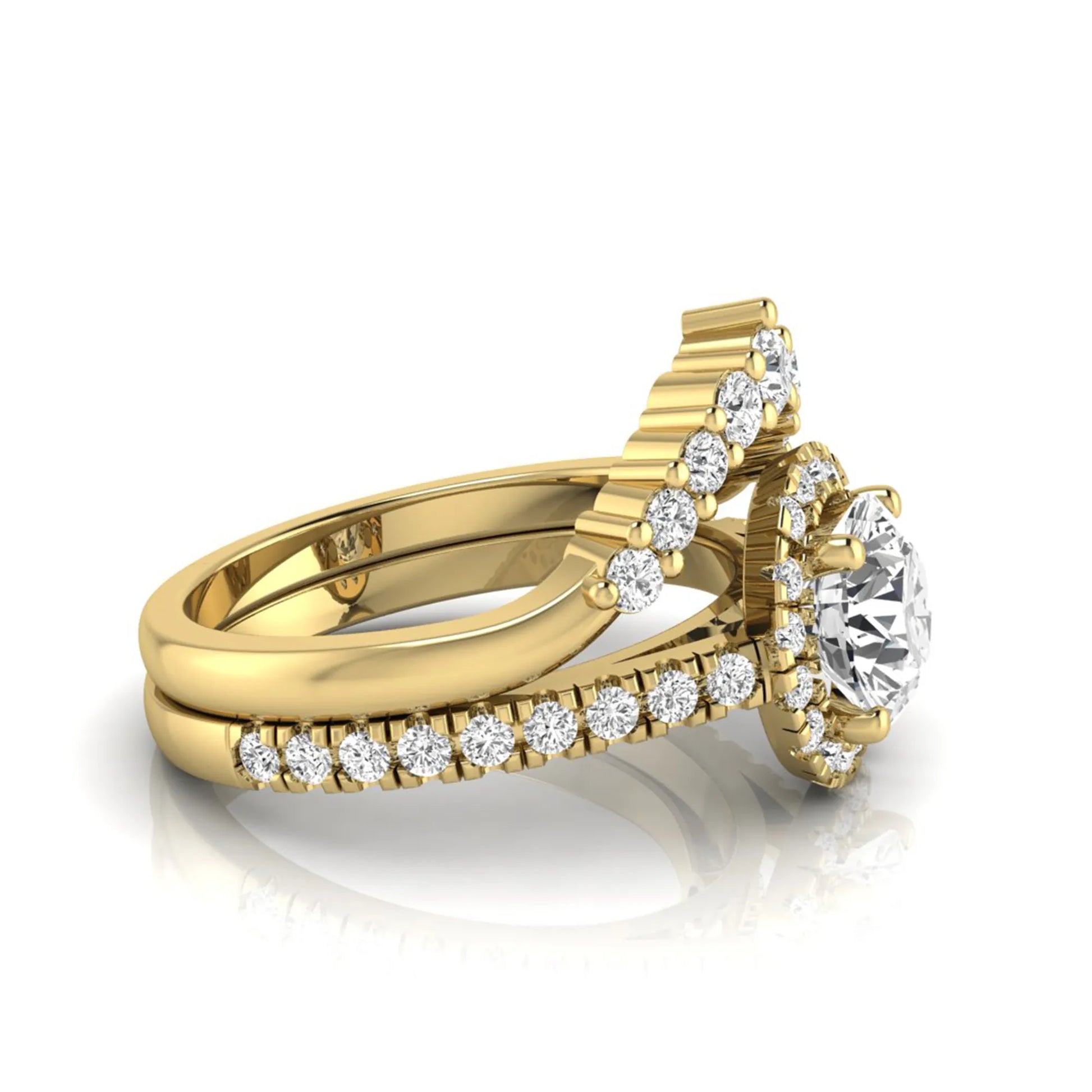 Round cut lab grown diamond halo bridal ring set featuring a pavé engagement ring with matching curved diamond wedding band in yellow gold finish.