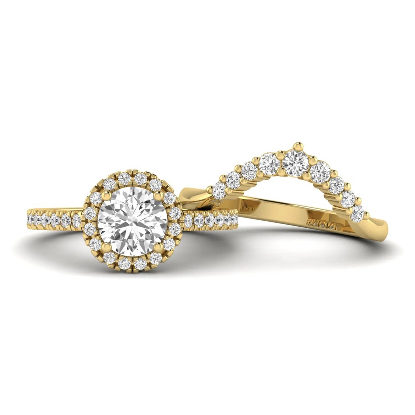 Round cut lab grown diamond halo bridal ring set featuring a pavé engagement ring with matching curved diamond wedding band in yellow gold finish.